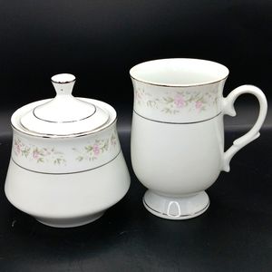 GLA Maria Fine China Japan Sugar Bowl W/Lid And Creamer White & Rose Floral
